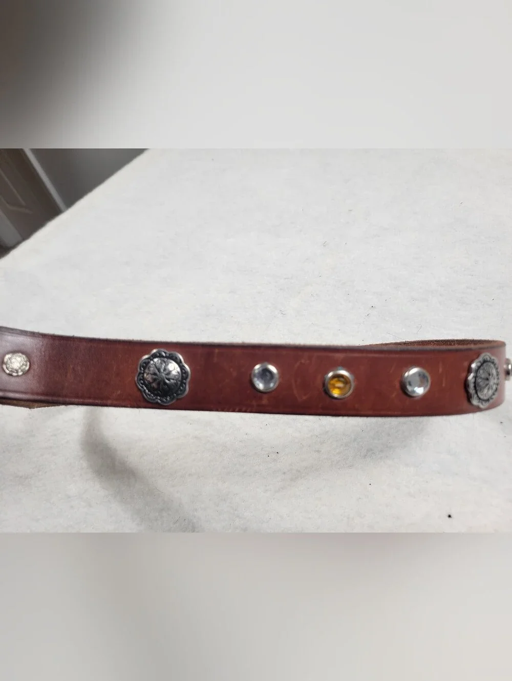 Vintage Western Style Leather Belt with Rhinestones & Horse Shoe Buckle